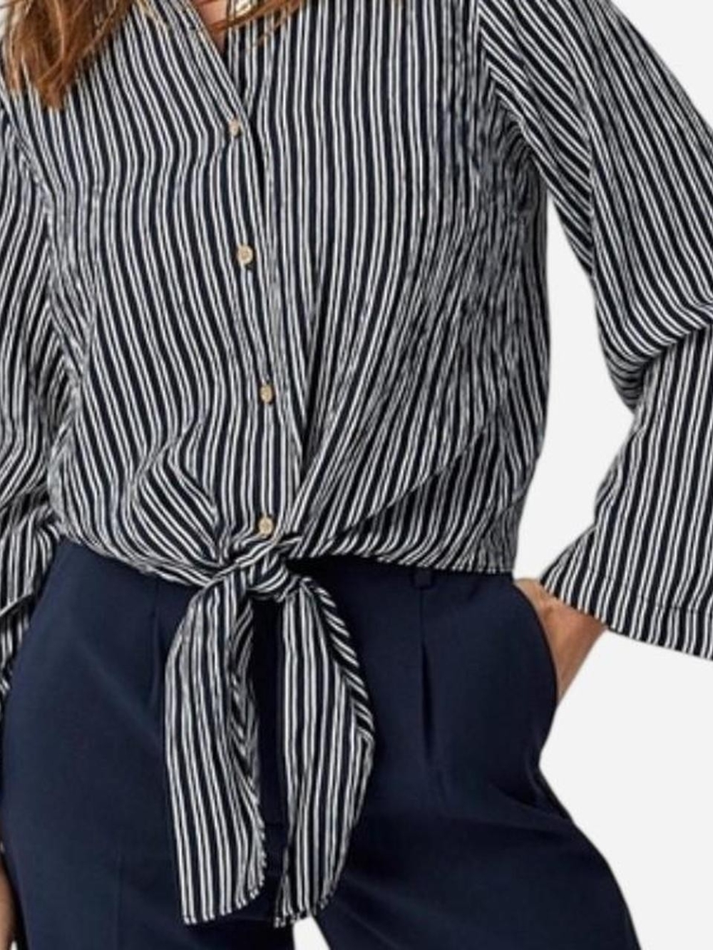 Michael Kors Navy and White Striped Tie-Front Button Shirt